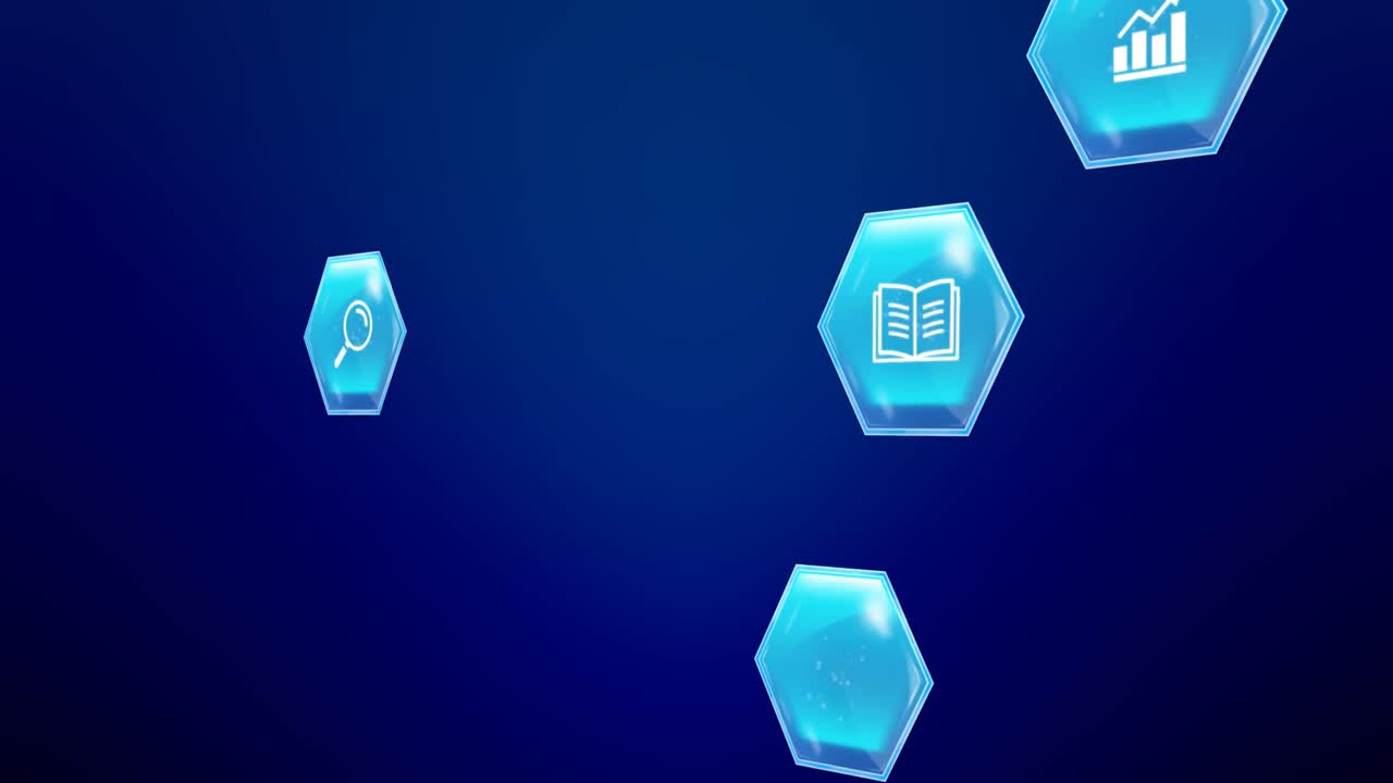 Animazione di icone esagonali blu di istruzione e apprendimento su sfondo blu.