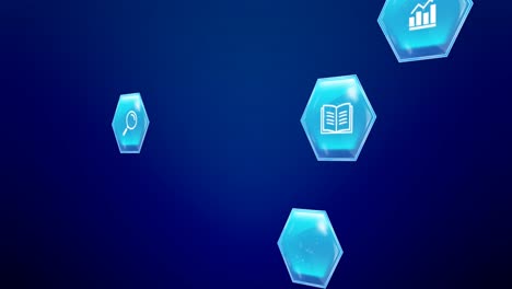 animación de la educación y el aprendizaje iconos hexagonales azules sobre fondo azul