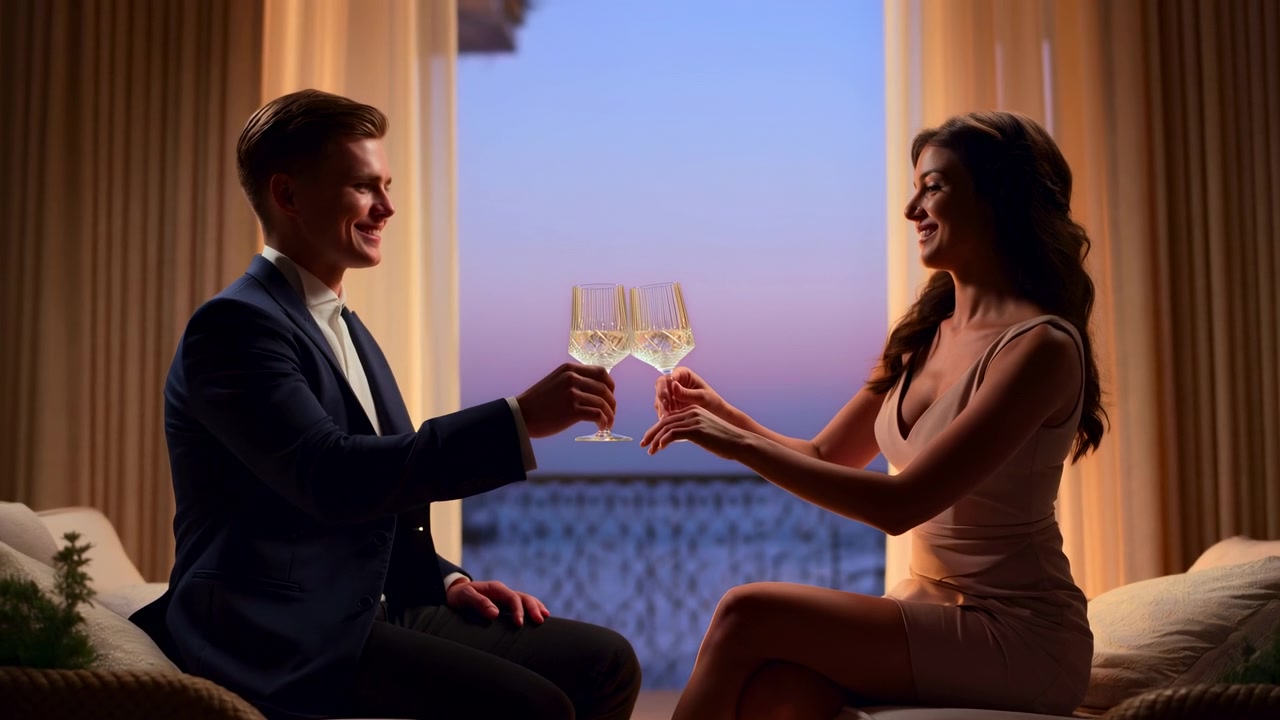 Coppia sul balcone al tramonto che brinda con calici di vino, in un ambiente di hotel di lusso con vista sull'oceano, uomo in abito e donna