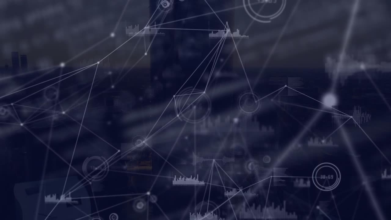 Animation of counter and graphs connected with lines and codes rotating over silhouette building
