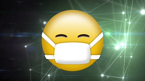 digital animation of face emoji wearing a mask against glowing network of connections