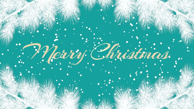 Merry Christmas with flying snow and Christmas tree on blue gradient