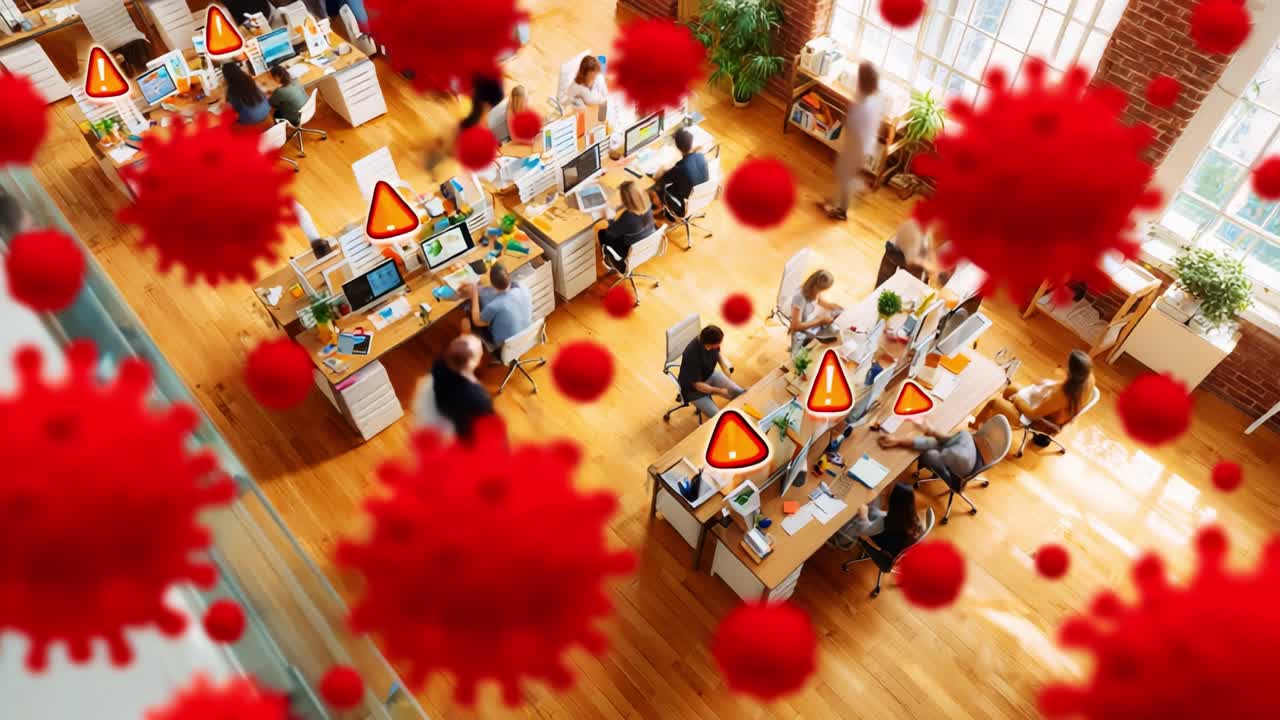 A Dynamic Office Workspace During a Pandemic, Showcasing Employees Engaging in Work Amidst Visual Alerts and Floating COVID-19 Icons Indicating Health Concerns