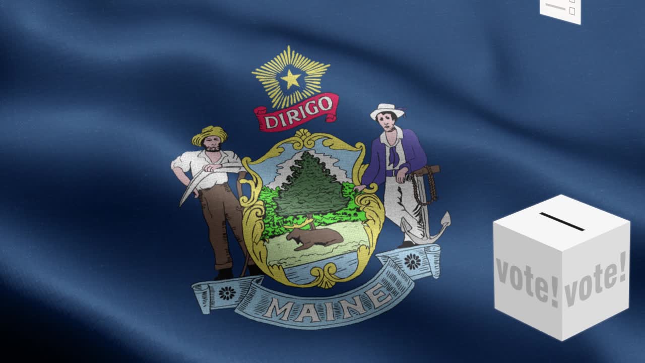 State of Maine - Ballots fly to box for Maine selection - Ballot box in front of flag - Election - Vote - National flag Maine State wave Pattern loopable Elements - Fabric texture and endless loop - Maine State Loopable Flag - America state flags