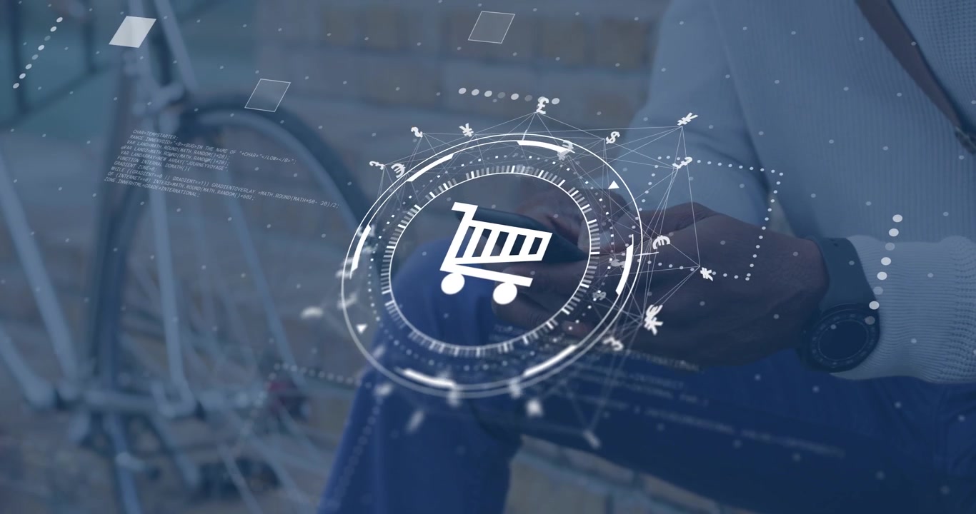 Reflected man adjusting device, starting hologram cart UI rotating with currency markers for retail