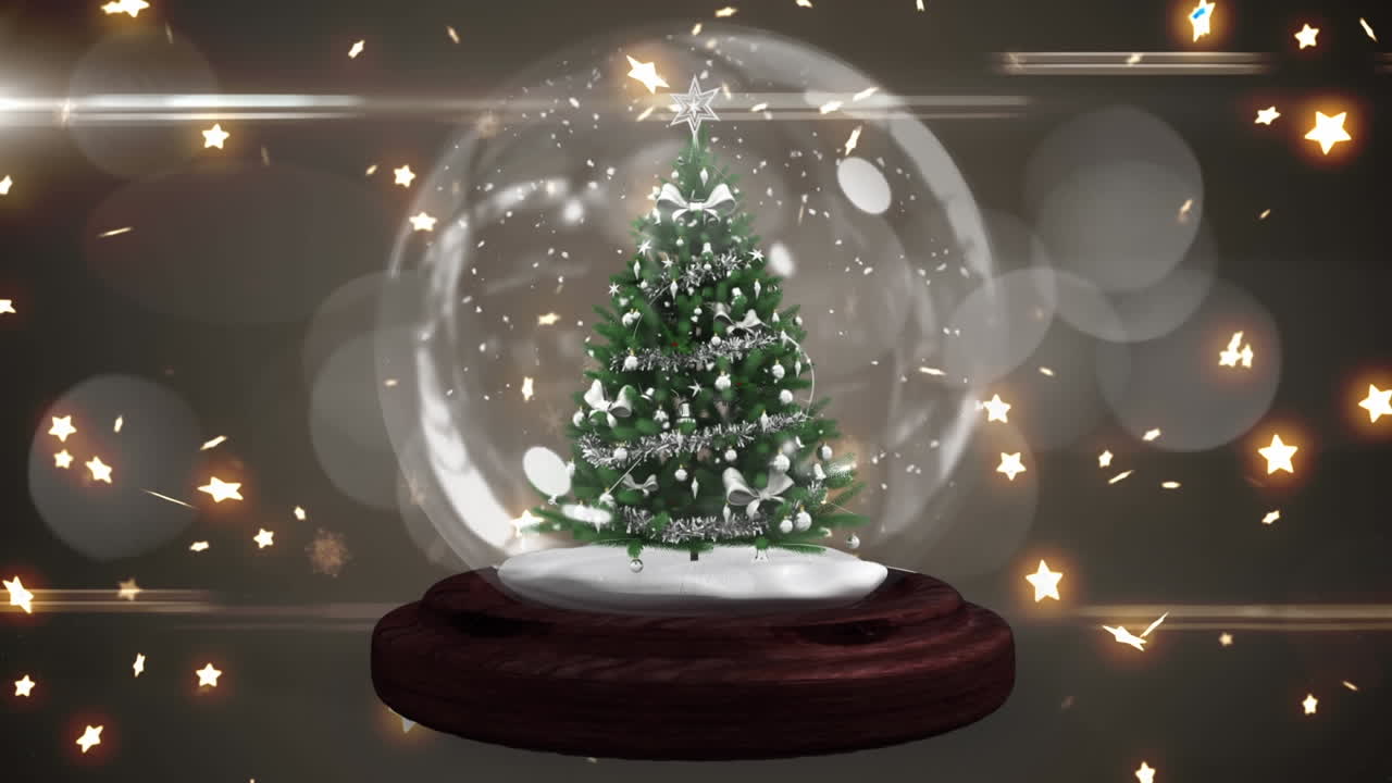 스노우 글로브 에 장식 된 크리스마스 트리 의 애니메이션, 검은색 에 반 ⁇ 이는 별 들 이 떨어지고 있다