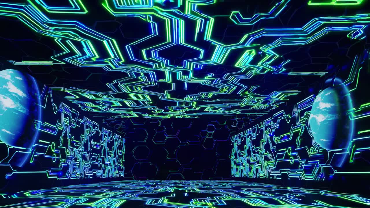 Futuristic video concept with neon circuit patterns on walls and floor