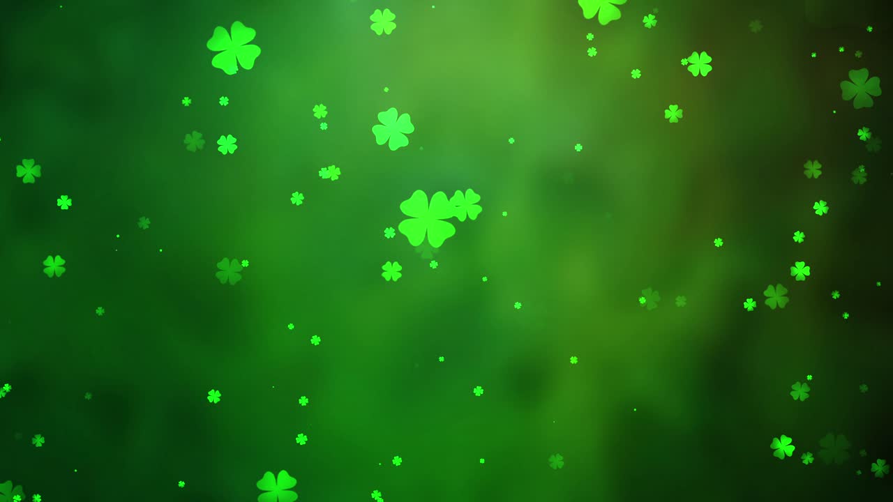 Loopable St. Patrick's Day Animation with Floating Shamrocks and Four Leaf Clovers Against a Green Abstract Background - Festive Backdrop