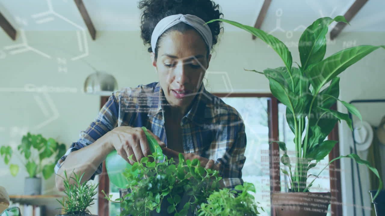 woman misting potted plants at table, overlaying chemical structure graphics for science content