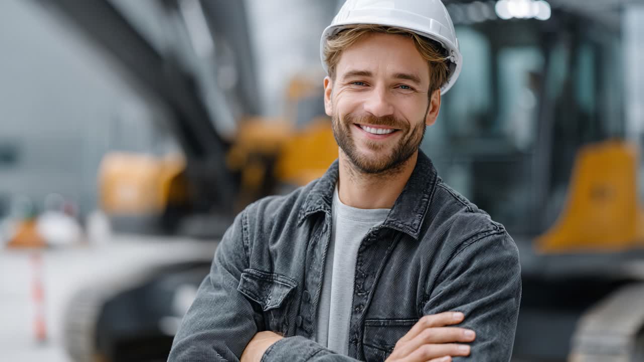 Confident Constructor: A Portrait of a Young Man in a Hard Hat, Smiling and Standing Proudly in Front of Heavy Machinery at a Construction Site