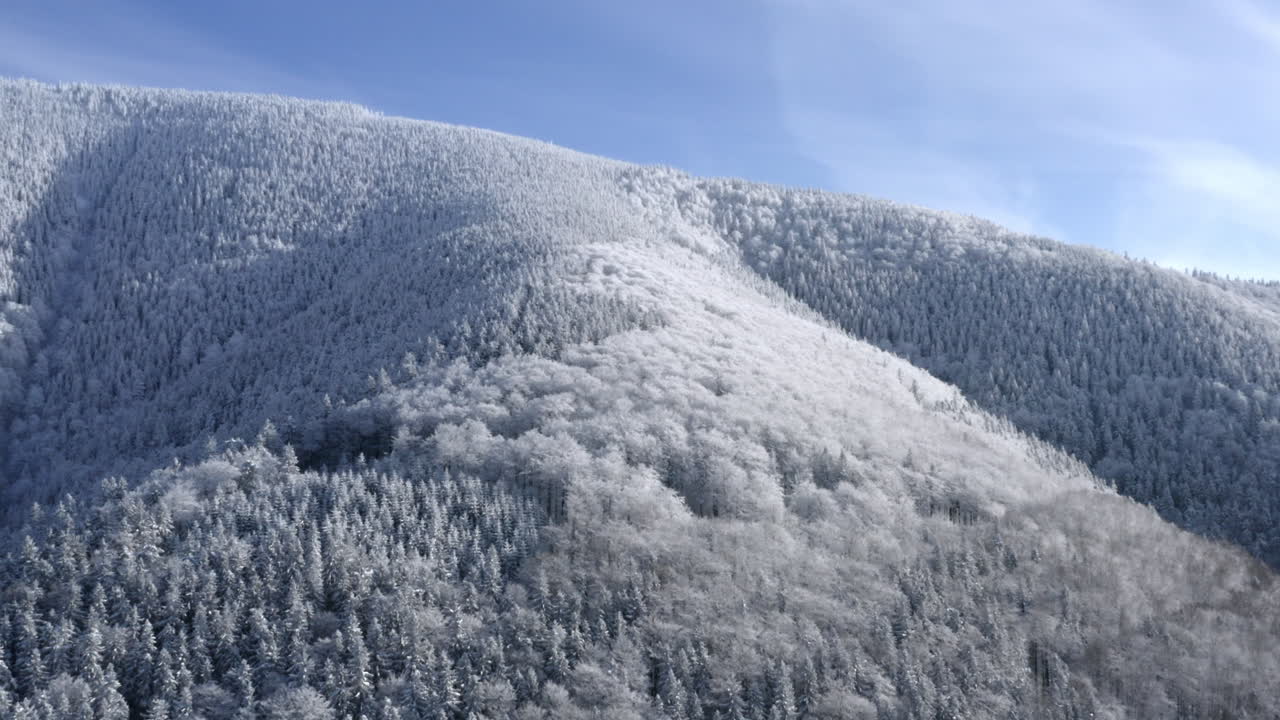 Puncak gunung dengan pepohonan dan hutan di salju musim dingin, langit cerah, Ceko