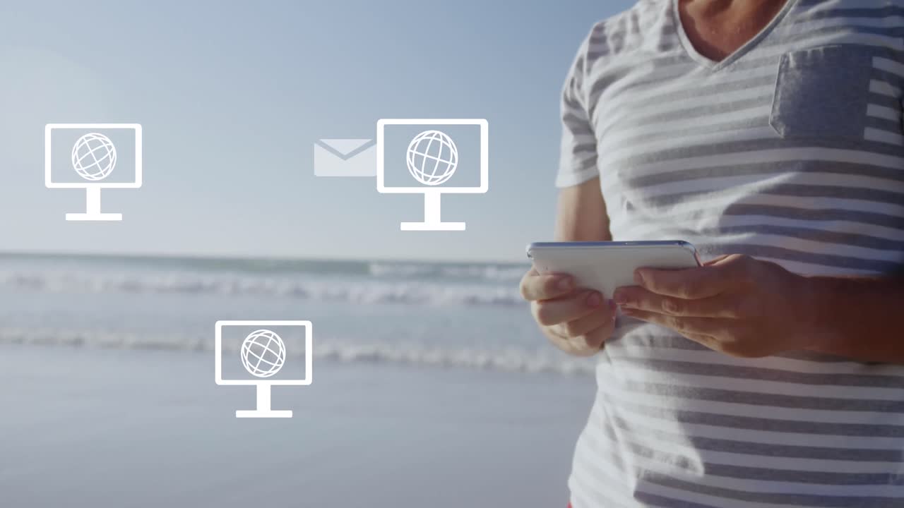 태블릿을 사용하는 백인 남성 위의 지구 아이콘과 함께 화면의 애니메이션