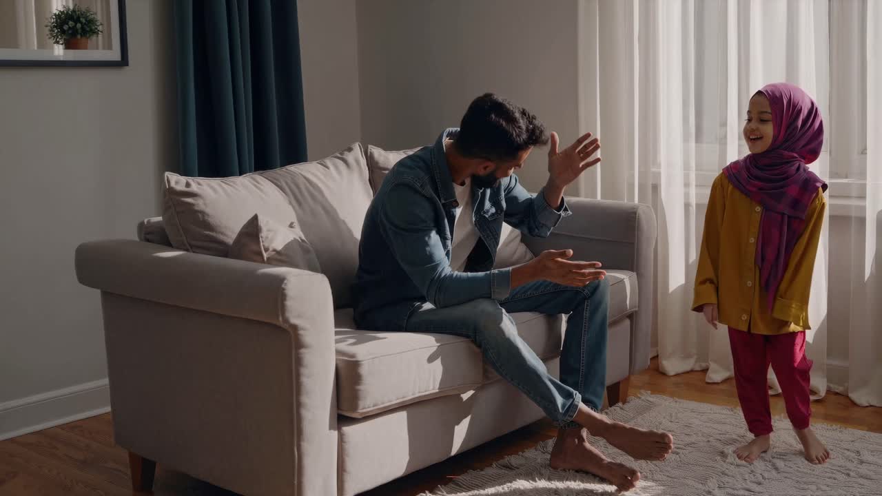 A warm family moment captured in a video, with a low-angle shot showing a man and child in a cozy