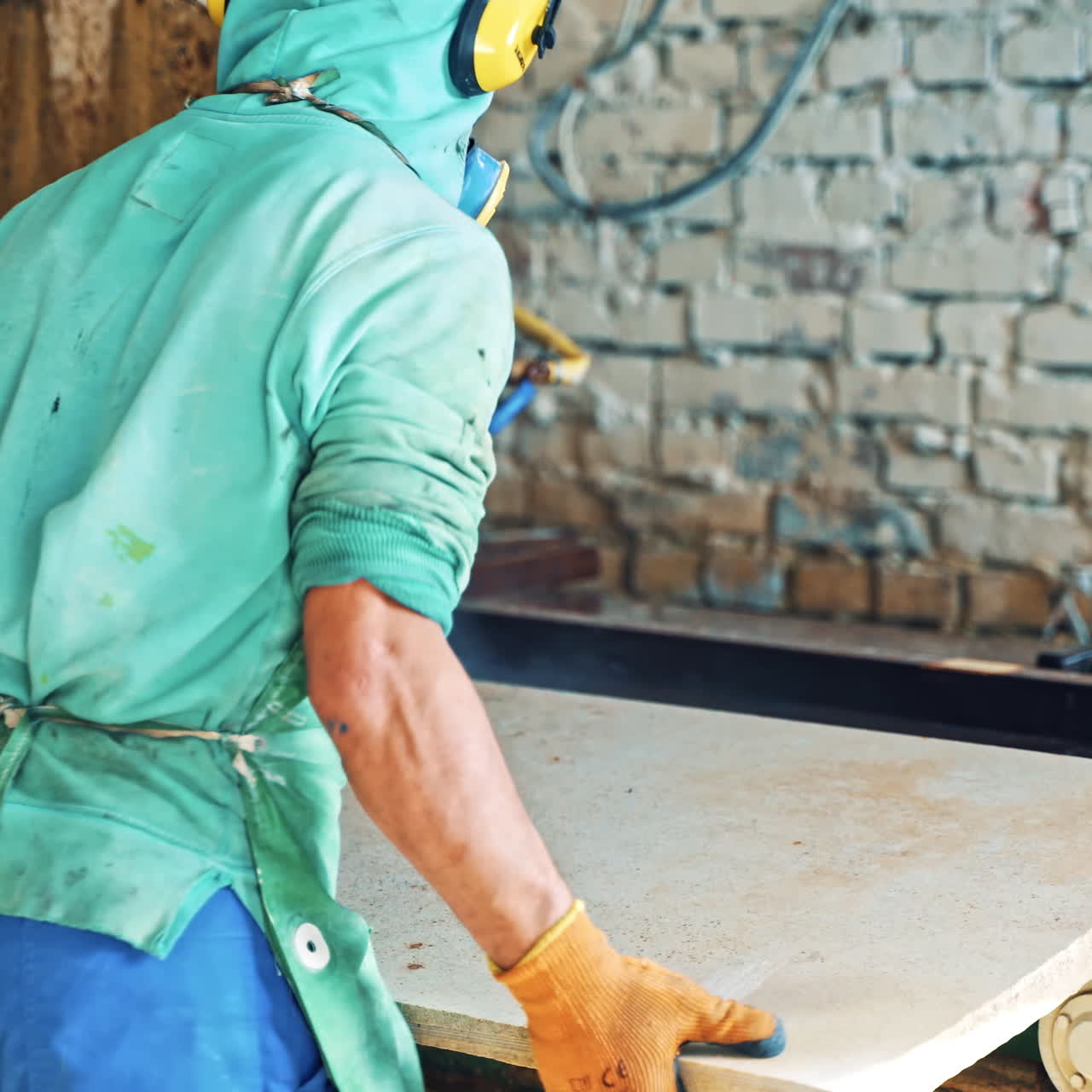 Worker at stone CNC machine cutting the slab at stone factory. Male worker in special clothers with mask and headphones putting slab into the machine.
