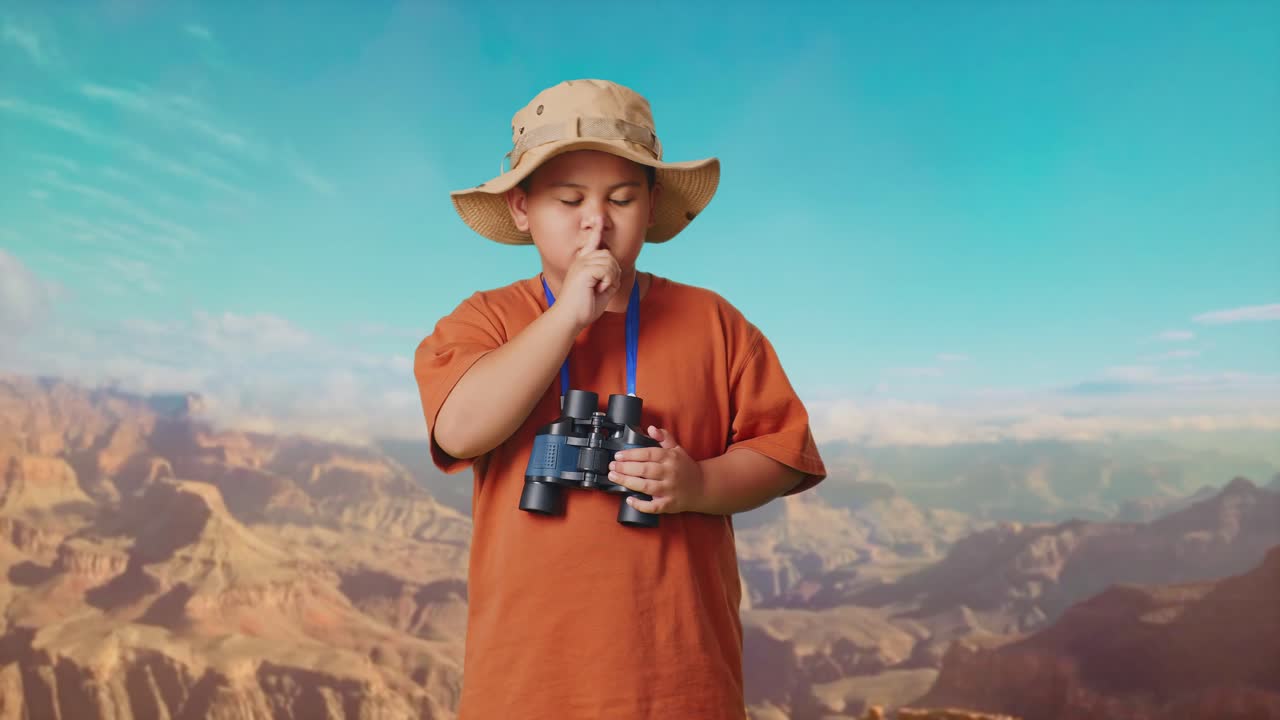 Asian Boy With A Hat And Binoculars Looking At Camera And Making Shh Gesture While Traveling At The Top Of Mountain. Boy Researcher Examines Something, Travel Tourism Adventure Concept