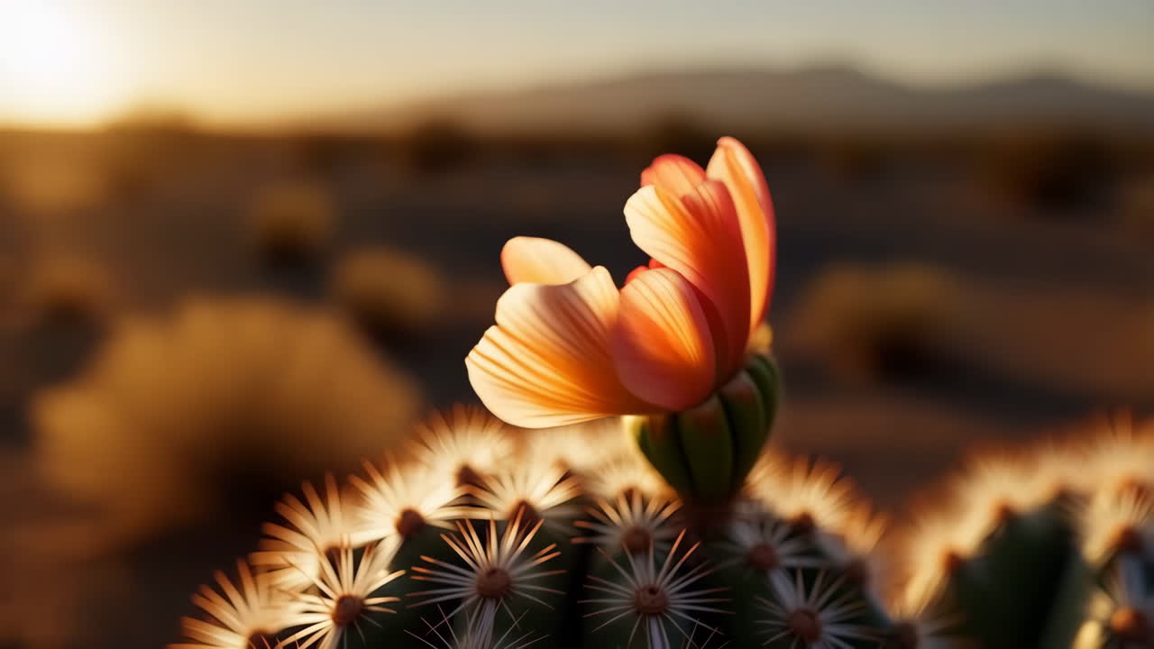 Cactus Flower Blooming in Desert Sunset