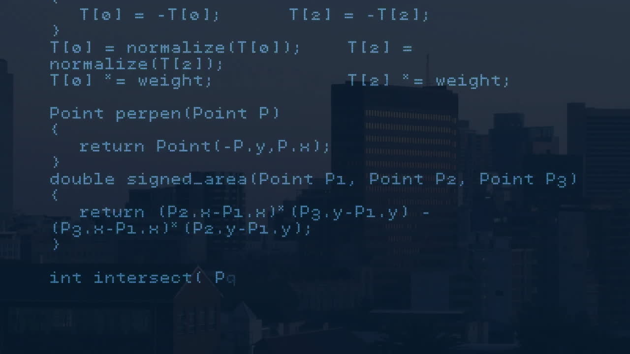 Computer code animation over cityscape background
