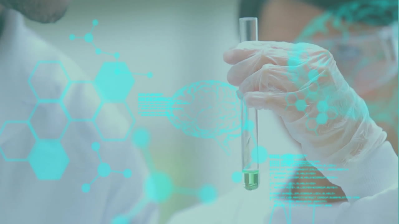 Animation of data processing with brains and molecules over diverse scientists working in lab