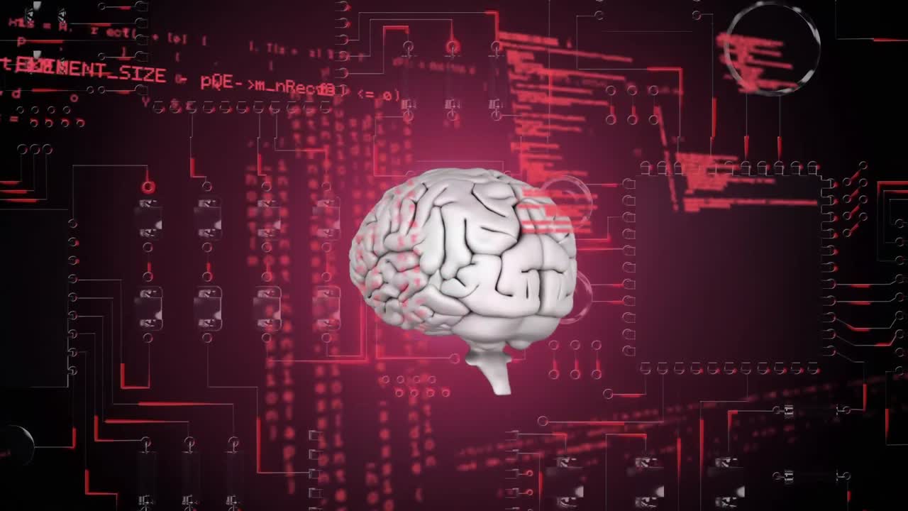 컴퓨터 회로판에 회전하는 회색 뇌