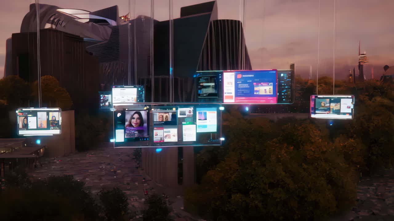 Futuristic City with Floating Digital Screens