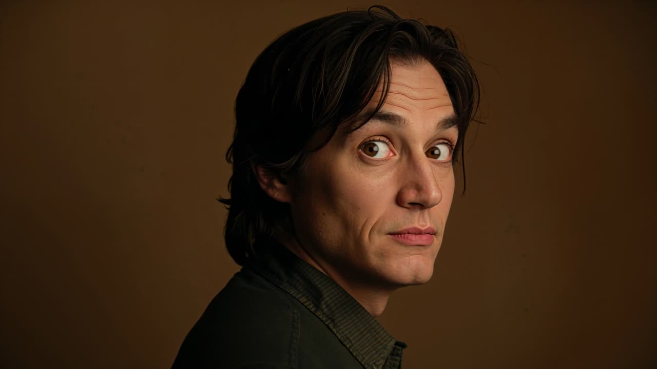 Prompted by camera cue, adult male shifting gaze, rotating to profile in studio with collared shirt