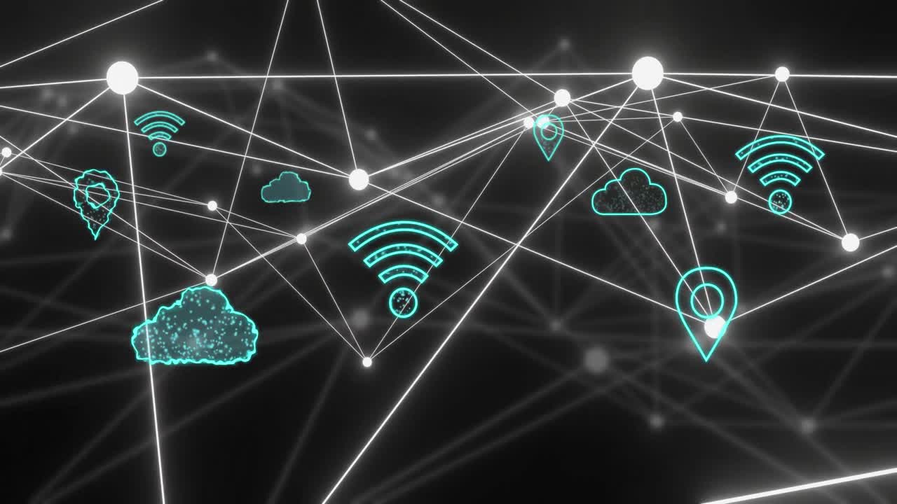 Animation of network of connections and digital icons over black background