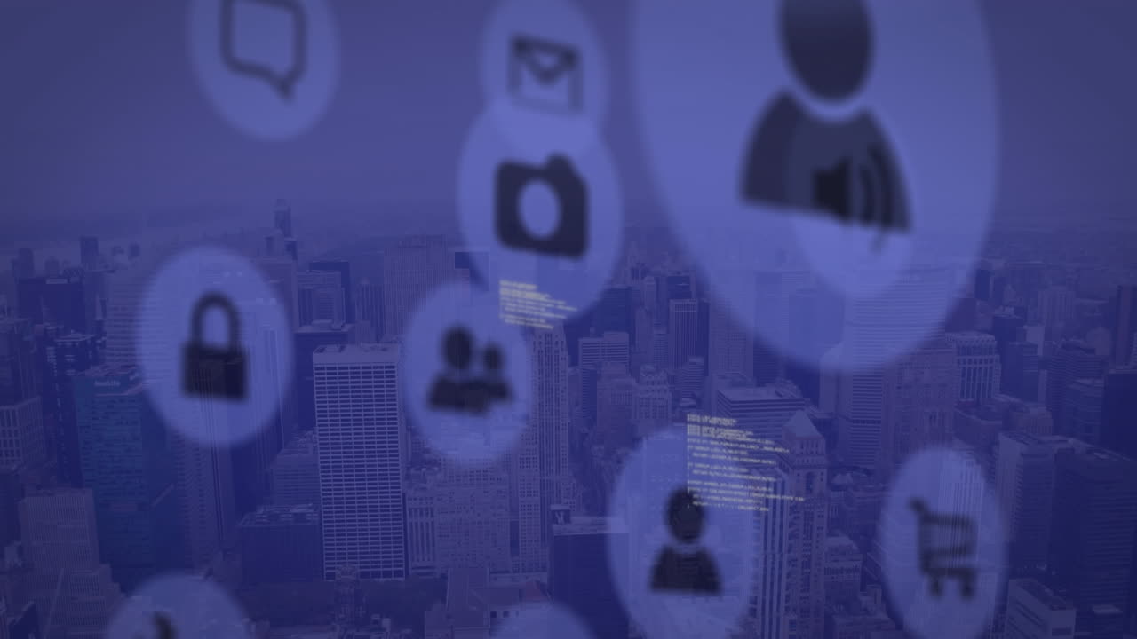animación de iconos digitales en línea y procesamiento de datos sobre el paisaje urbano