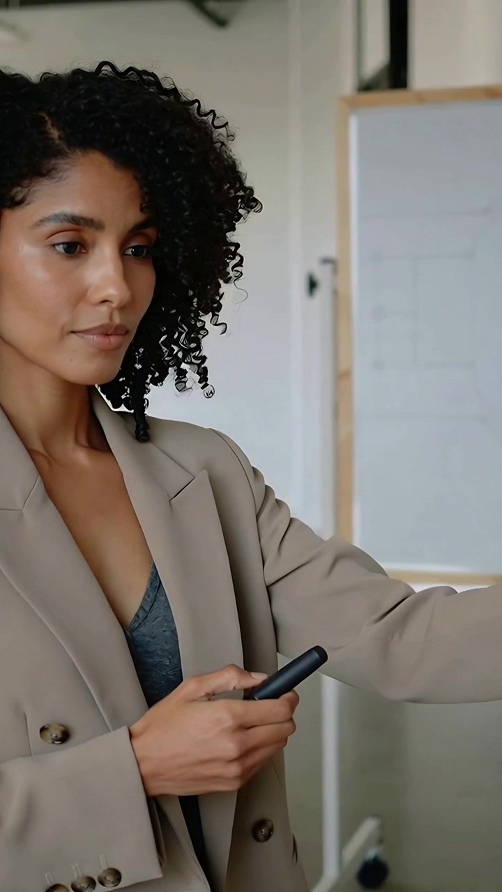 Video verticale: Donna in blazer beige che tiene un telecomando e mostra un diagramma su una lavagna bianca in sala riunioni.