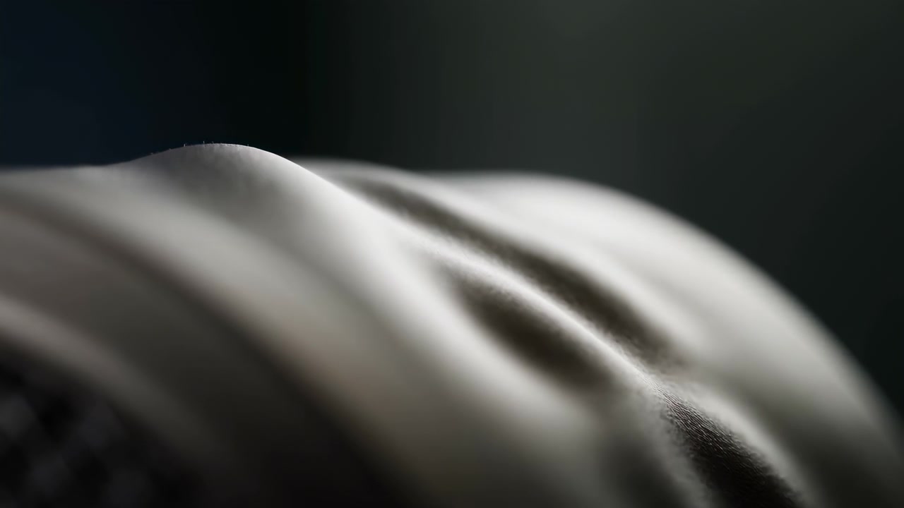 Nahaufnahme aus niedriger Perspektive, die geschichtete weiße, gekrümmte Bänder mit strukturierter Kante, weichen Falten und glatten Konturen vor einem tiefen, unscharfen anthrazitfarbenen Hintergrund zeigt, mit viel Leerraum darüber und sanfter