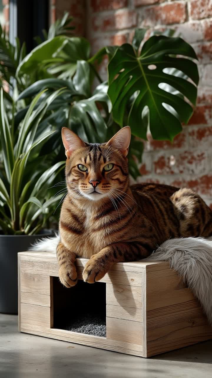 Gatto domestico tigrato che riposa comodamente su una cuccia per gatti in legno in un interno domestico moderno con piante verdi.