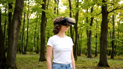 woman wearing a vr headset in a vibrant forest