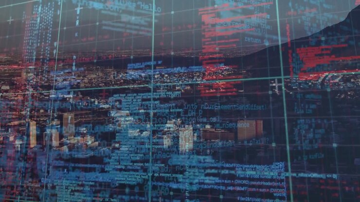 Animation of data processing over cityscape