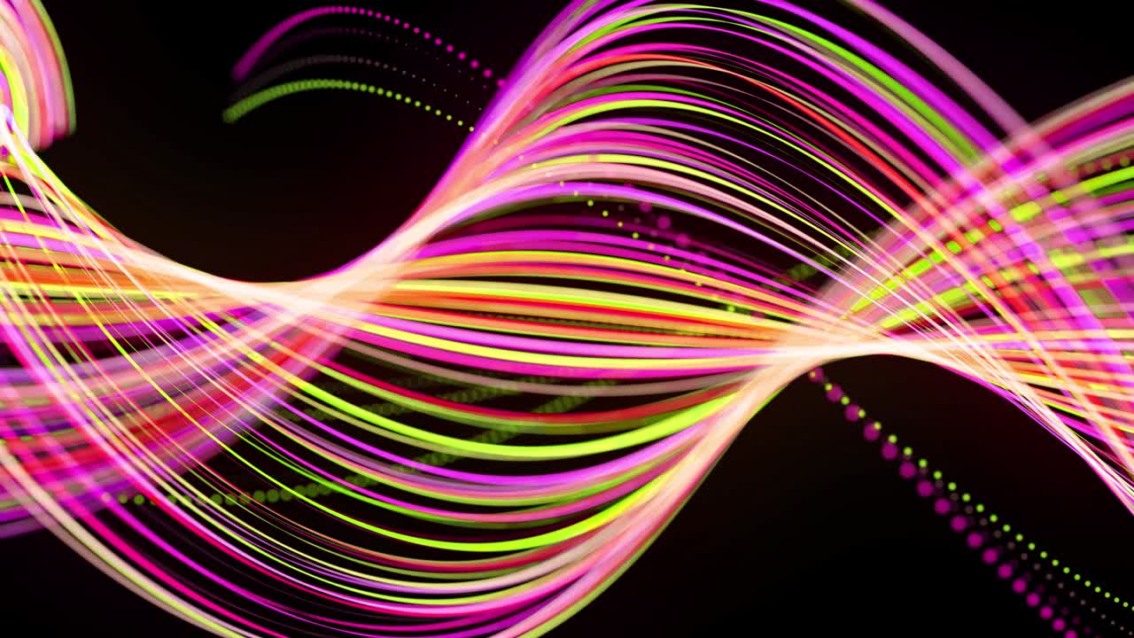 Light flow bg in 4k. Abstract looped background with light trails, stream of green red yellow neon lines in space move to form spiral shapes. Modern trendy motion design background light effect