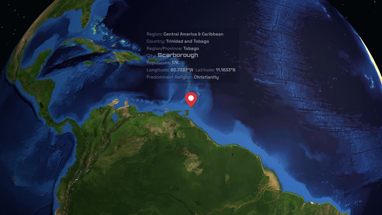 Digital earth rotates and zooms into Scarborough, Tobago, displaying regional information and location pin