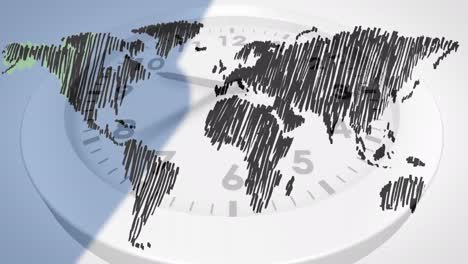 Animation-of-hand-drawn-world-map-over-clock