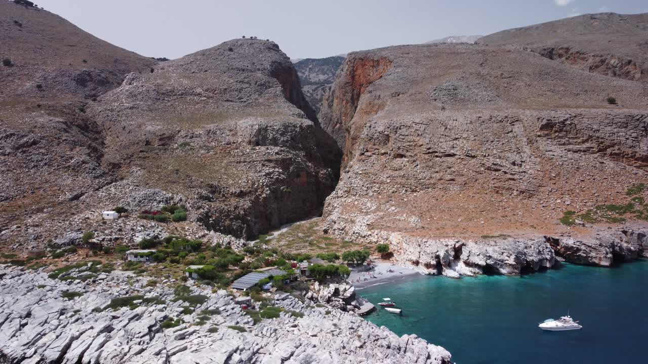 Aerial view of Marmara beach and the exit of Aradena gorge at south coast of Crete island, Greece