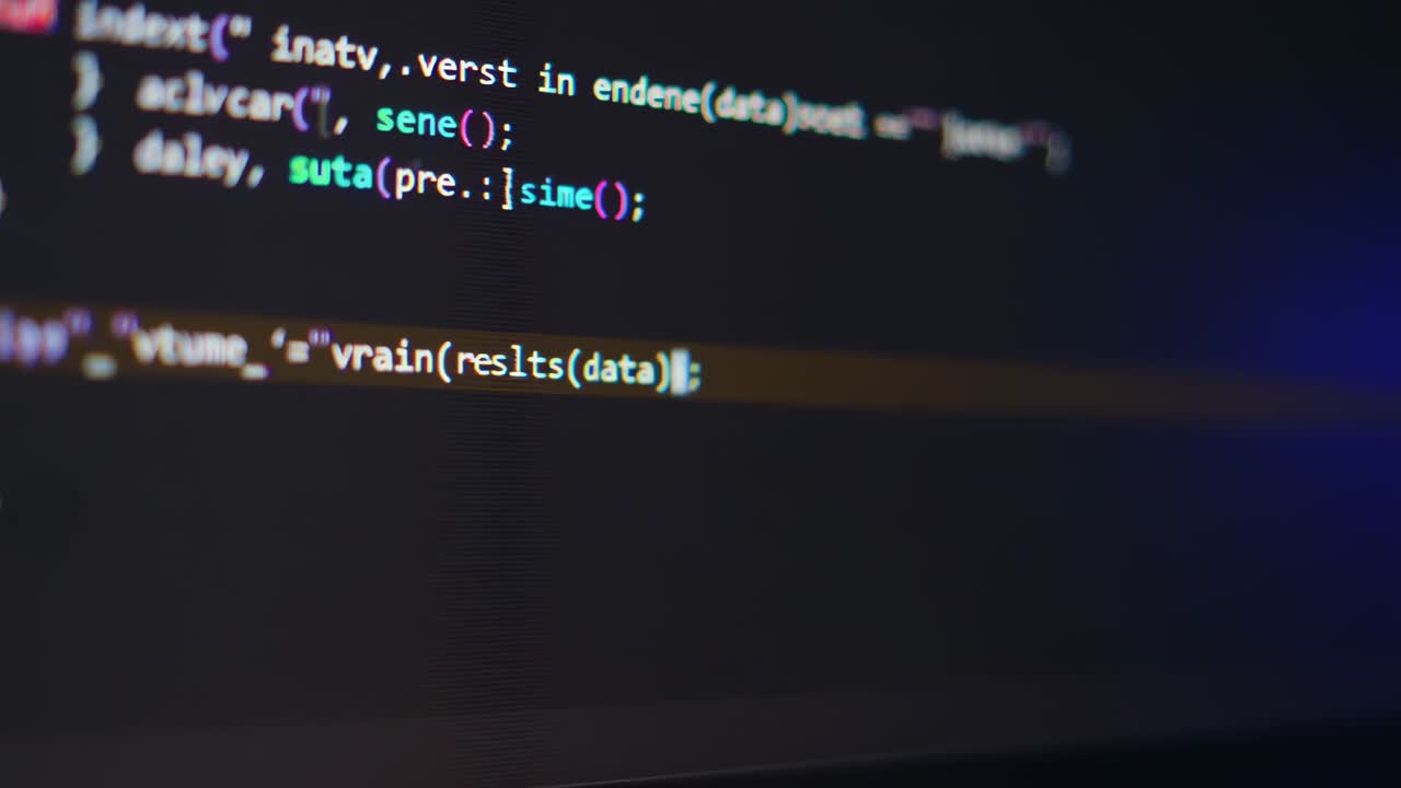 Close-up angled shot of a computer screen displaying colorful code, ideal for tech video