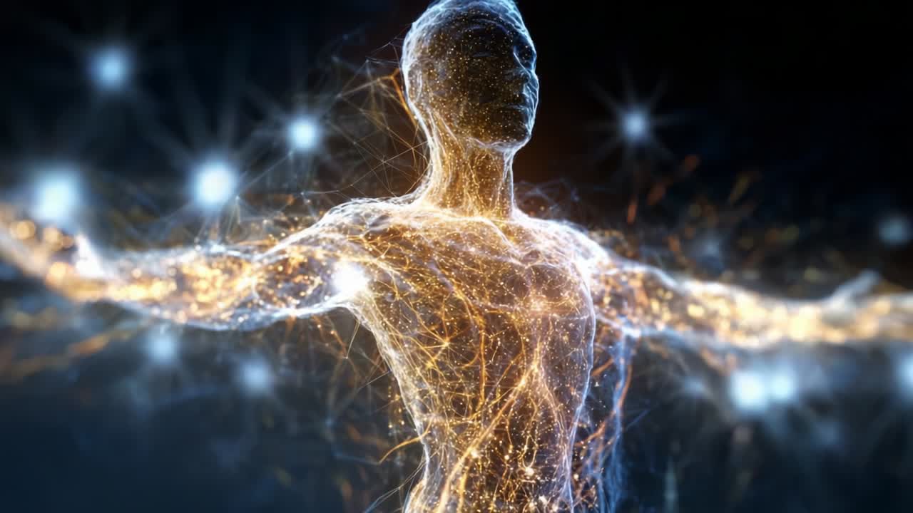 A stunning visual representation of a human figure composed of glowing energy and light particles, dramatically showcasing the essence of life, spirit, and movement in a captivating and imaginative way