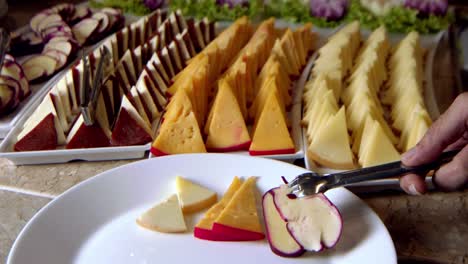 person serving different varieties of gourmet cheese pieces on a plate in slow motion