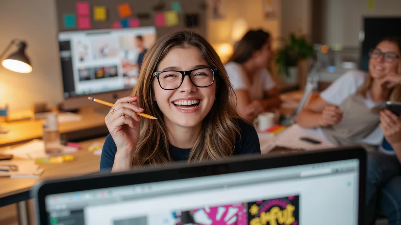 Smiling woman wearing dark top, glasses laughing as camera tightens at desk, holding pencil