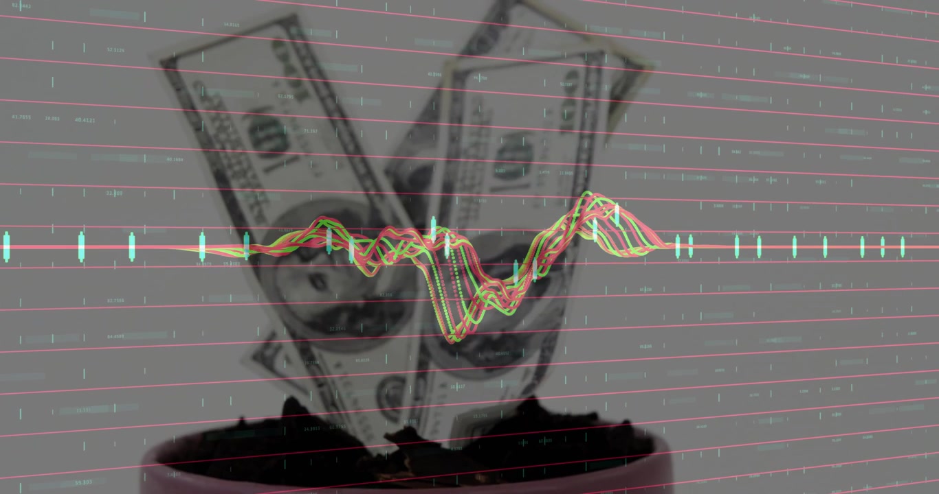 Vizualizace finančních dat s dolarovými bankovkami a grafem akciového trhu