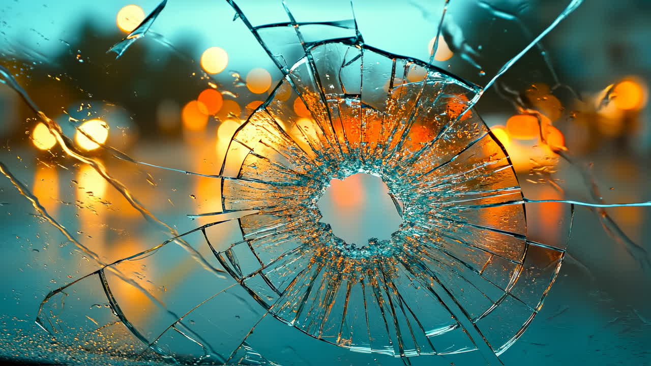 Shattered glass with bullet hole impact and city lights. Cracked glass window with central hole and radial fractures against blurred orange and blue city lights