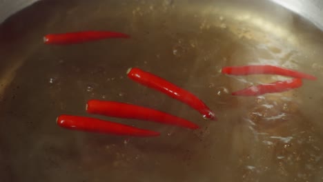 close up of chili dropped into the boiling soup pot. sukiyaki or shabu