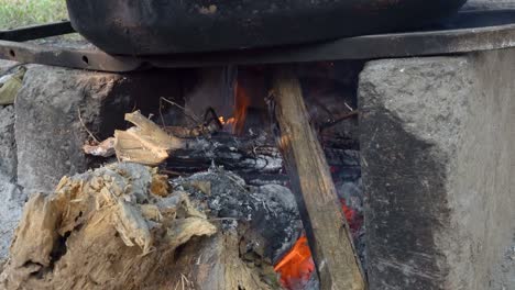cooking over an open fire in a rustic setting