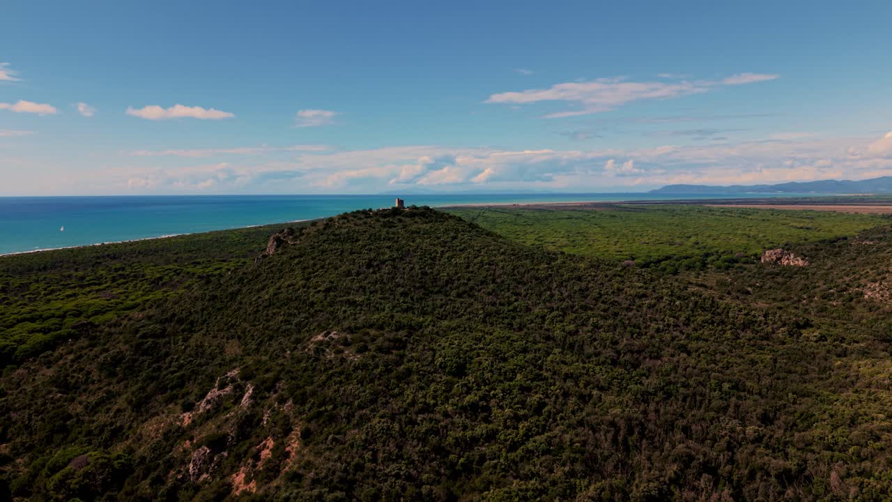 Scenic natural beauty of Maremma national park with turquoise sea water and pine tree forest. Tuscany