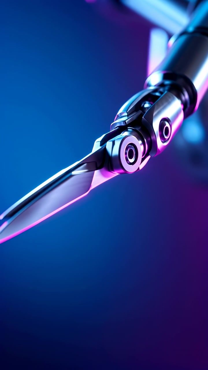 Close view follows a futuristic mechanical cutting tool as its open blades draw together, while polished metal edges catch cyan and pink highlights in dramatic low-key lighting.