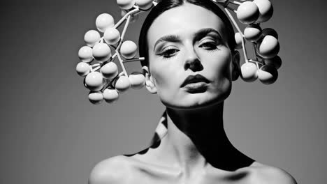 avant-garde monochrome portrait with sphere headpiece