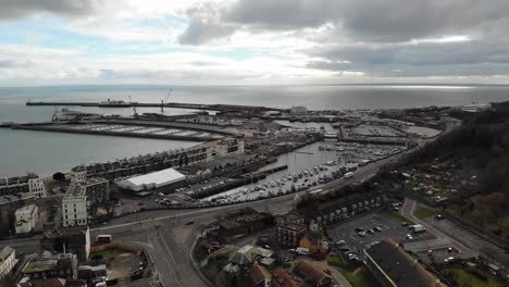 Still-drone-shot-of-the-Dover-port-in-Kent,-UK