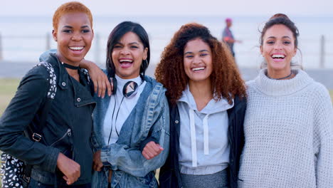 women, face diversity or laughing by beach