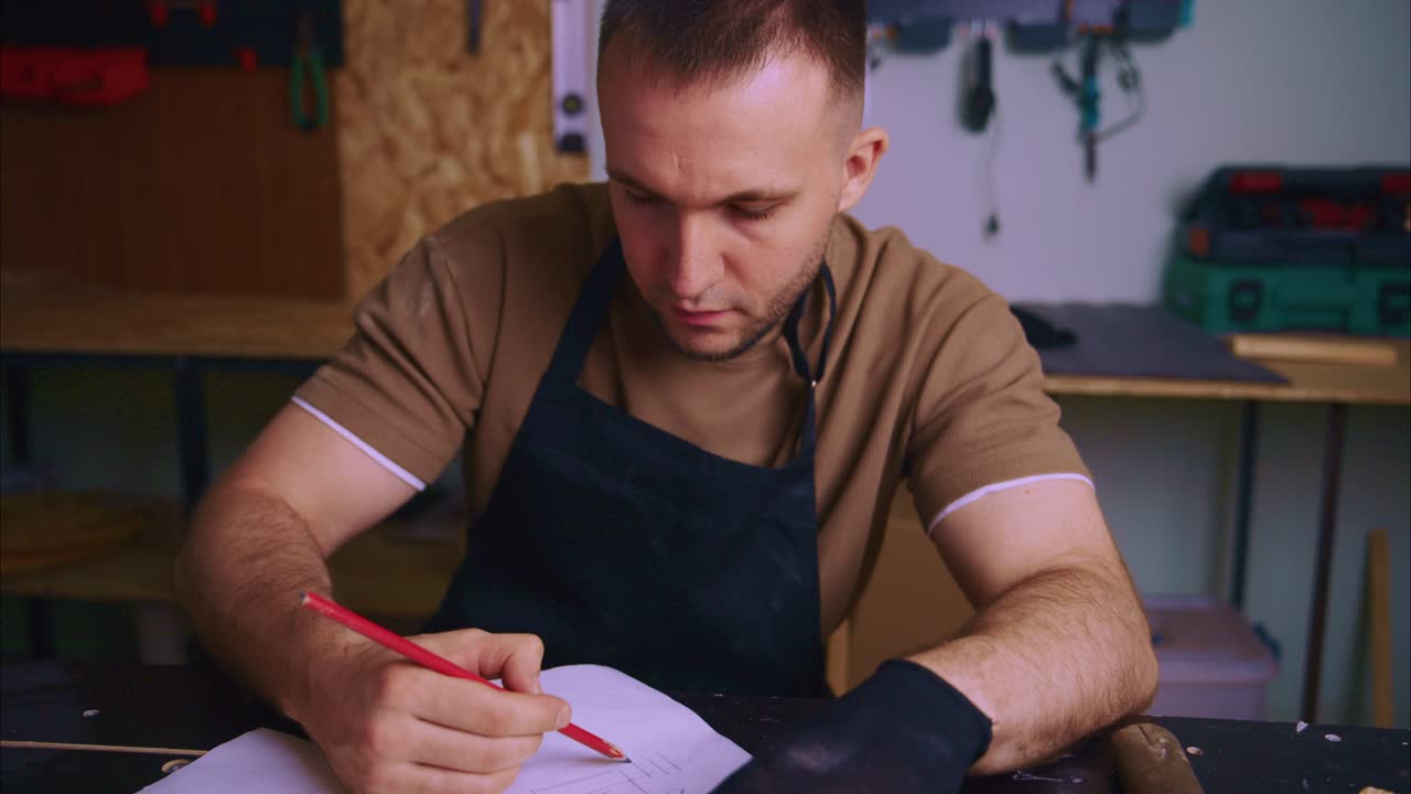 Uomo concentrato che disegna uno schizzo di design in un laboratorio